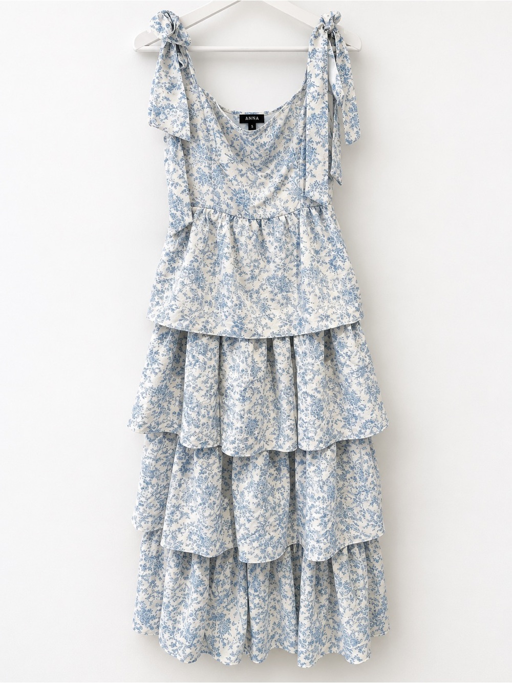 J. NNA Cream and Light Blue Floral Tiered Maxi Dress